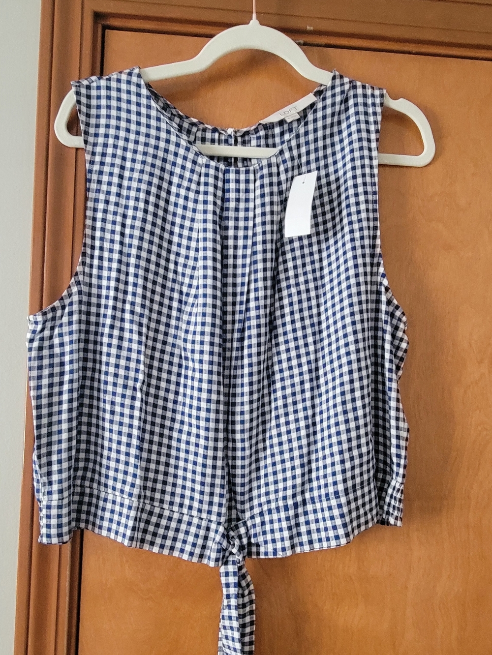 LOFT Navy and White Gingham Tie-Front Camisole